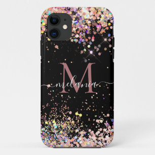 ホログラガーリーフィックグリッターモノグラム名(黒) iPhone 11 ケース