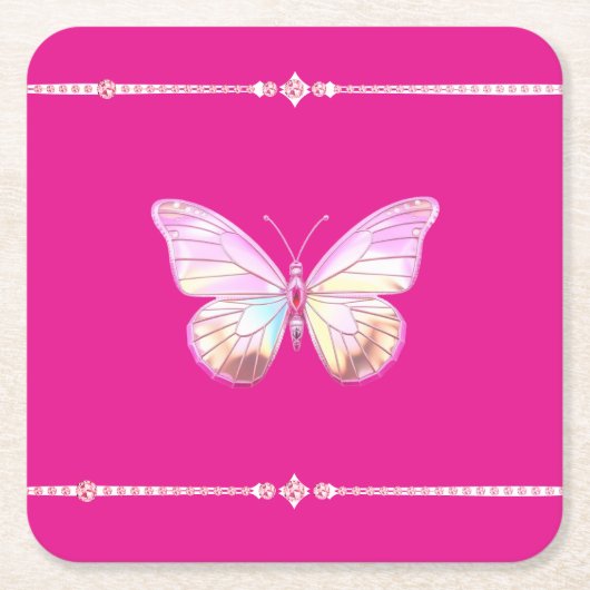 ホログラフィかわいらしックダイヤモンドバタフライ紙コースター スクエアペーパーコースター (正面)