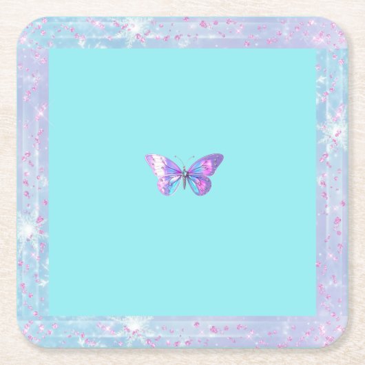 ホログラフィかわいらしックバタフライ紙コースターアクア スクエアペーパーコースター (正面)