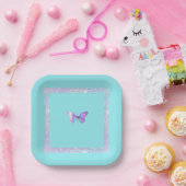 ホログラフィかわいらしックバタフライ紙プレートアクア ペーパープレート (パーティー)