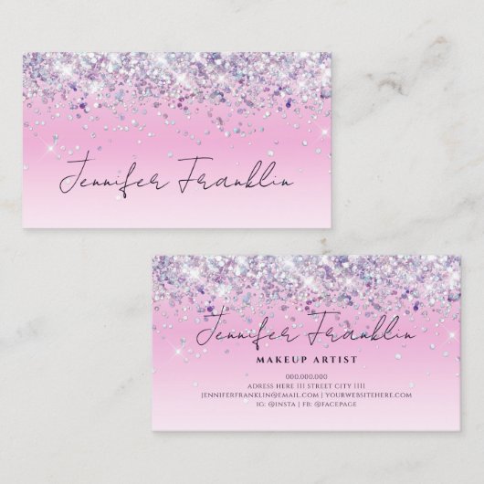 ホログラフィきらきら光るックグリッターメイクアーティストスクリプトピンク 名刺 (正面/裏面)