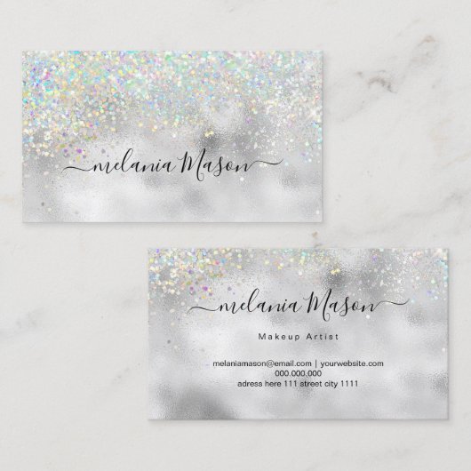 ホログラフィエレガントックグリッターメイクアップアーティストシルバー 名刺 (正面/裏面)