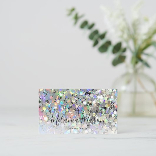 ホログラフィエレガントックグリッターメイクアップアーティストブラック 名刺 (スタンド正面)