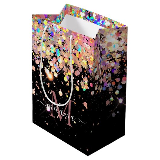 ホログラフィガーリーックグリッター&スパークルモノグラムブラック ミディアムペーパーバッグ (裏面アングル)