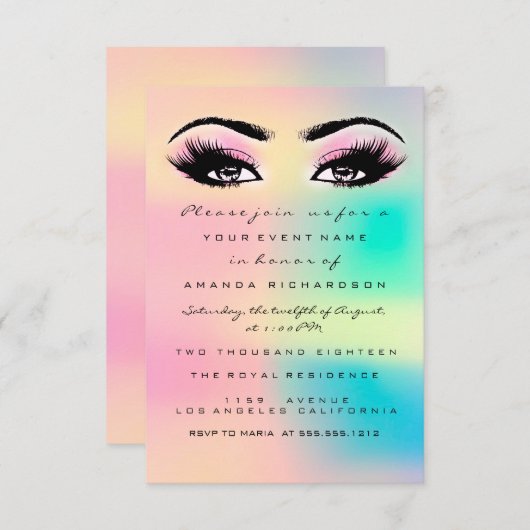 ホログラフィグラデーションックパステルブライダルスウィート16thまつ毛 招待状 (正面/裏面)