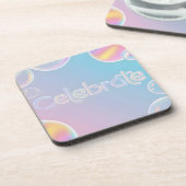 ホログラフィックお祝いデザイン:「Celebrate」タイポグラフィ コースター (左側)
