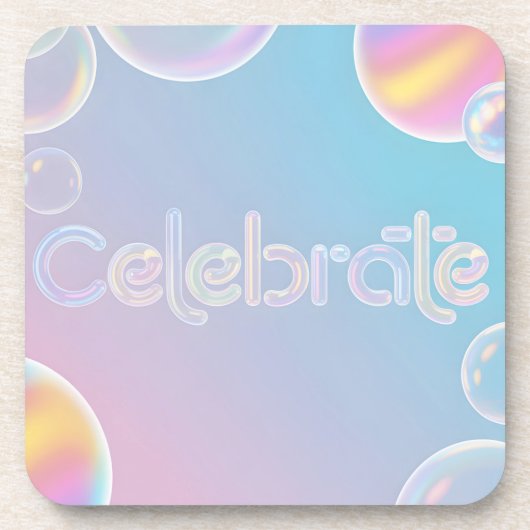 ホログラフィックお祝いデザイン:「Celebrate」タイポグラフィ コースター (正面)