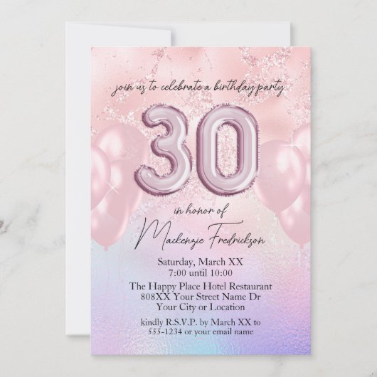 ホログラフィックとピンクの30歳の誕生日バルーン 招待状 (正面)