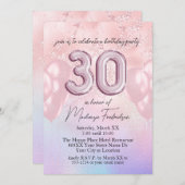 ホログラフィックとピンクの30歳の誕生日バルーン 招待状 (正面/裏面)