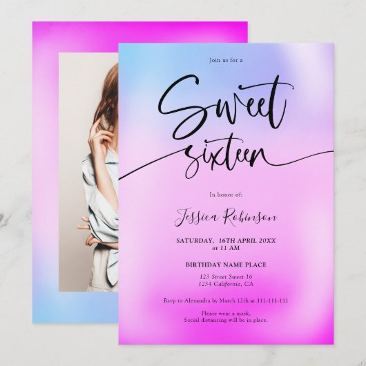 ホログラフィックなアイスクリーム 紫の女の子のピンクのスイート16 招待状 (正面/裏面)