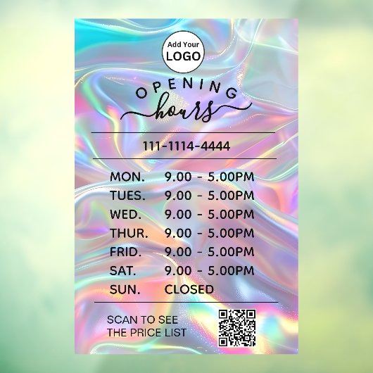 ホログラフィックな営業時間ロゴとQRコード ウィンドウサイン (シート3)