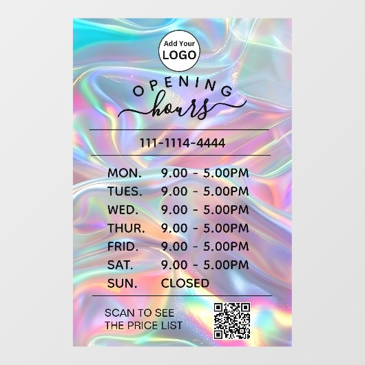 ホログラフィックな営業時間ロゴとQRコード ウィンドウサイン (シート)