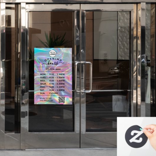 ホログラフィックな営業時間ロゴとQRコード ウィンドウサイン (オフィスドア)