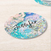 ホログラフィックエレガントグリッターブルーティール(緑がかった色)大理石インク ラウンドペーパーコースター (アングル)