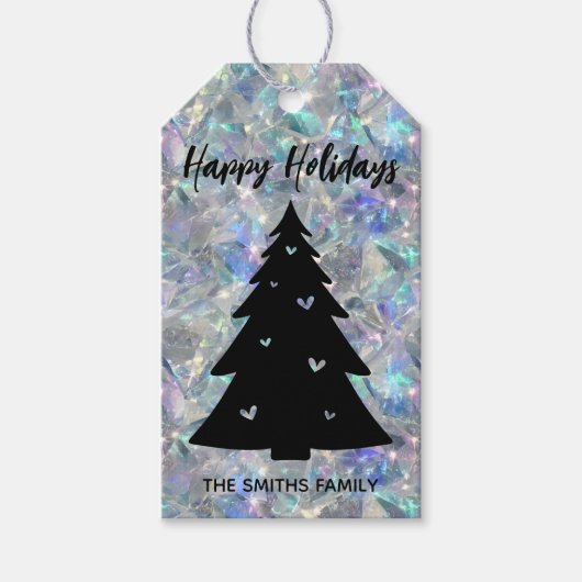 ホログラフィックオパール石の背景ハッピーホリデー ギフトタグ (正面)