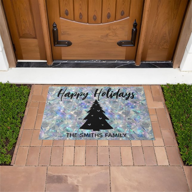 ホログラフィックオパール石の背景ハッピーホリデー ドアマット (室外)