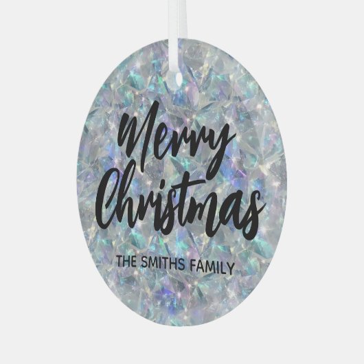 ホログラフィックオパール石の背景メリークリスマス ガラスオーナメント (正面左)