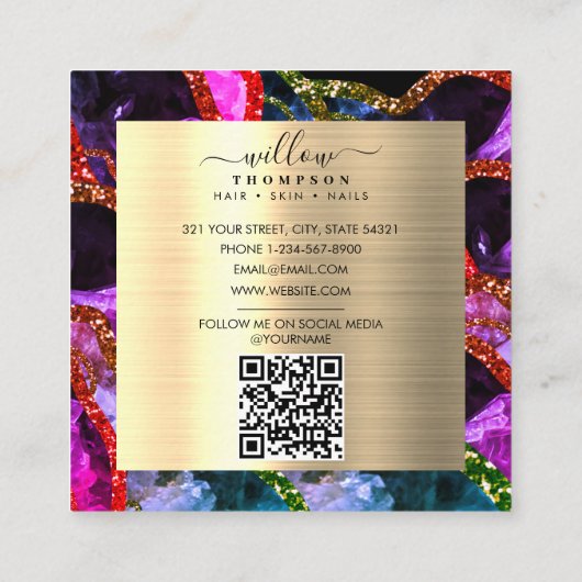 ホログラフィックオパール紫色の歯のゲートQRコード スクエア名刺 (裏面)