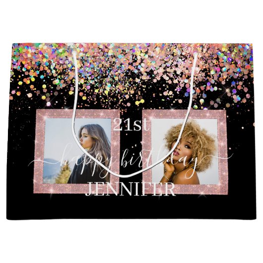 ホログラフィックカスタムグリッターフォト誕生日ブラック ラージペーパーバッグ (正面)