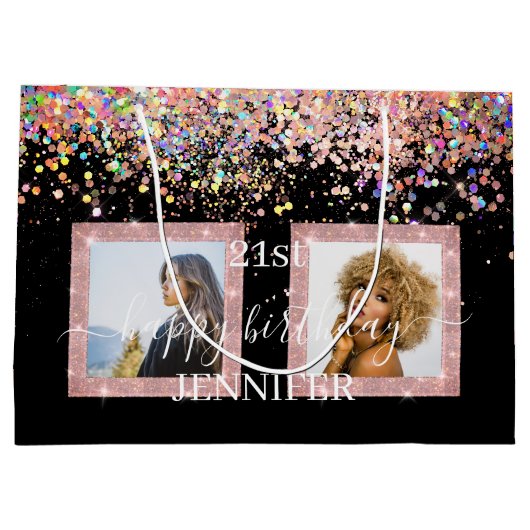 ホログラフィックカスタムグリッターフォト誕生日ブラック ラージペーパーバッグ (裏面)