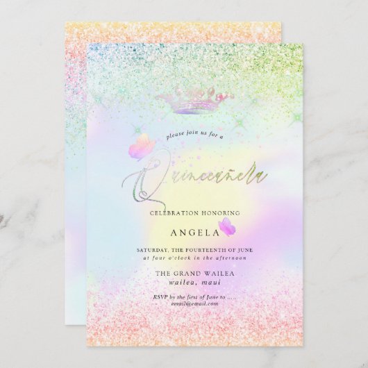 ホログラフィックキンセアニェラピンクチョウ+グリッター 招待状 (正面/裏面)