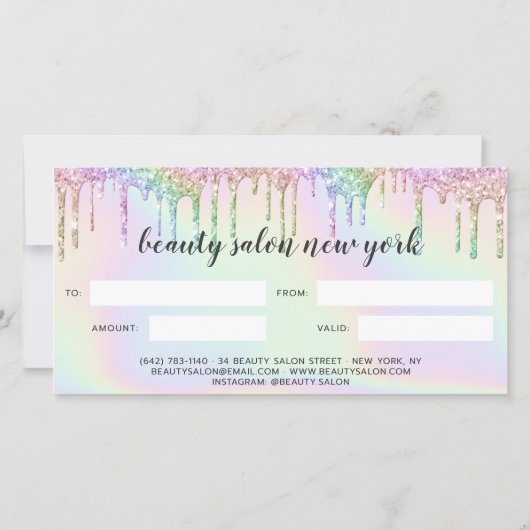 ホログラフィックギフトカードのユニコーングリッターが釉薬を乾かす (裏面)