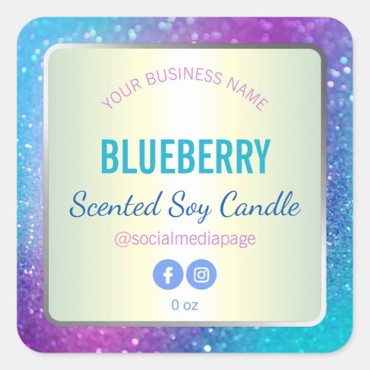 ホログラフィックギャラクシーカラーグリッター製品ラベル スクエアシール (正面)