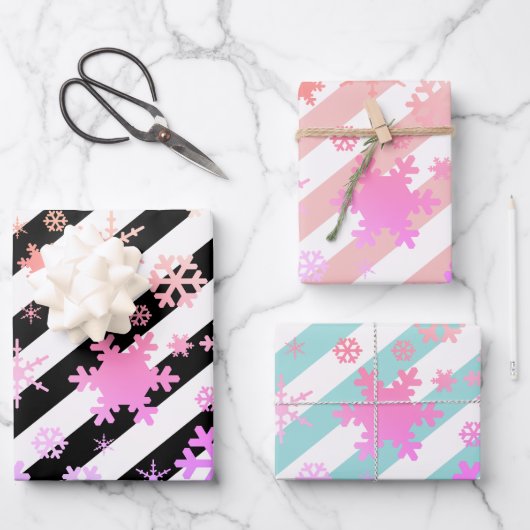 ホログラフィッククリスマススノーフレークパタストライプのーン ラッピングペーパーシート (正面)