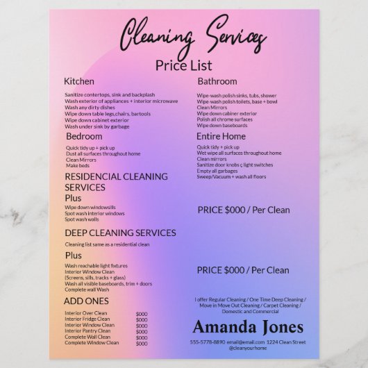 ホログラフィッククリーニングサービス価格表メニュー チラシ (正面)