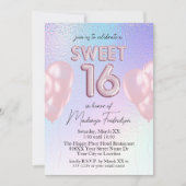 ホログラフィックグラデーション上の甘い16ピンクバルーン 招待状 (正面)