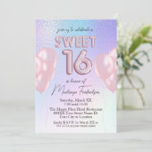 ホログラフィックグラデーション上の甘い16ピンクバルーン 招待状 (スタンド正面)