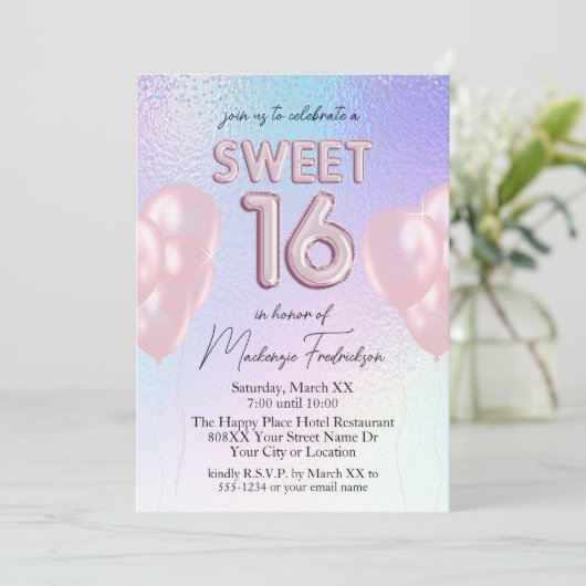 ホログラフィックグラデーション上の甘い16ピンクバルーン 招待状 (スタンド正面)