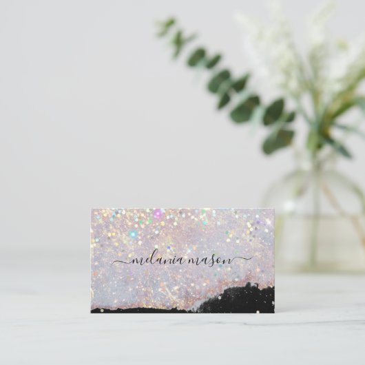 ホログラフィックグラムグリッターメイクアップアーティストブラックシック 名刺 (スタンド正面)