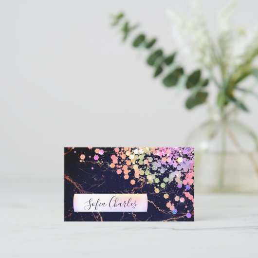 ホログラフィックグリッターきらめくダストブラックマーブル 名刺 (スタンド正面)