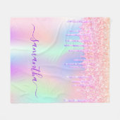 ホログラフィックグリッターはユニコーン虹モノグラムを乾燥 フリースブランケット (正面(横))