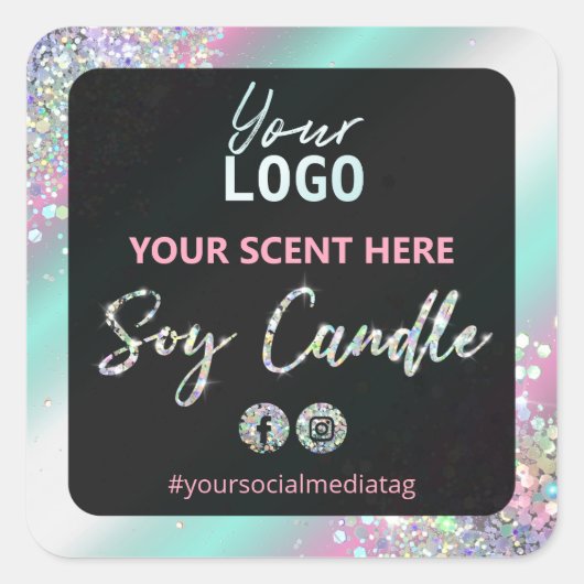 ホログラフィックグリッターグラムSoy Candleラベル スクエアシール (正面)