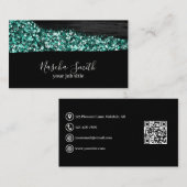 ホログラフィックグリッターティール（緑がかった色）とブラックモダン 名刺 (正面/裏面)