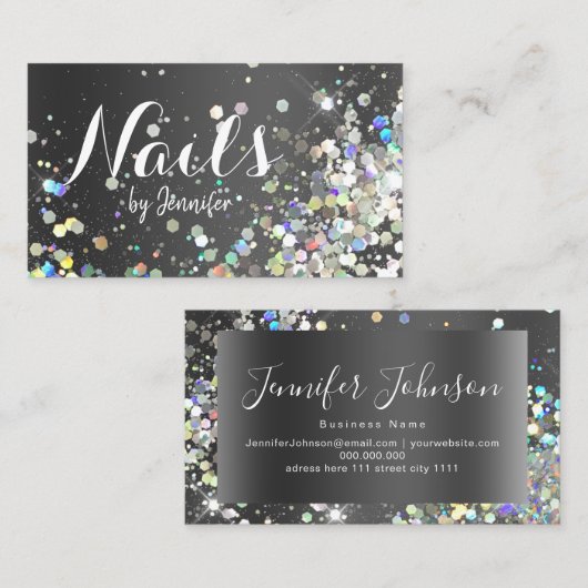 ホログラフィックグリッターネイルサロンエレガントブラックシック 名刺 (正面/裏面)