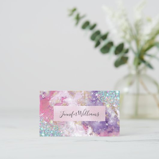 ホログラフィックグリッターピンクホイルパープルウォーター色 名刺 (スタンド正面)
