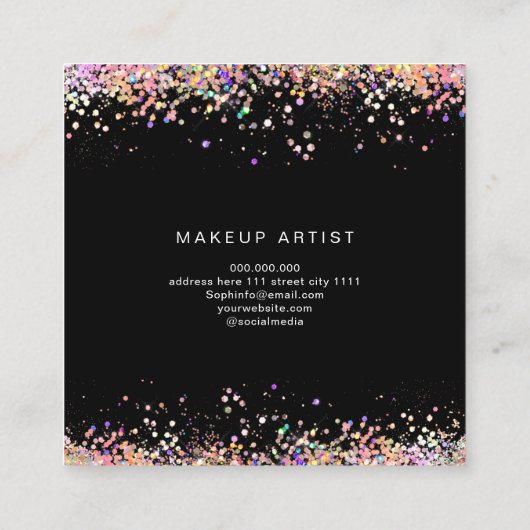 ホログラフィックグリッターピンクリップメイクアップアーティストブラック スクエア名刺 (裏面)
