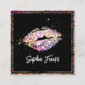 ホログラフィックグリッターピンクリップメイクアップアーティストブラック スクエア名刺 (正面)