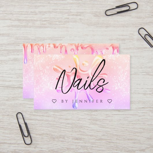 ホログラフィックグリッターポリッシュスプラッシュドリップス爪、 ネイルピンク 名刺 (正面/裏面インサイチュ)