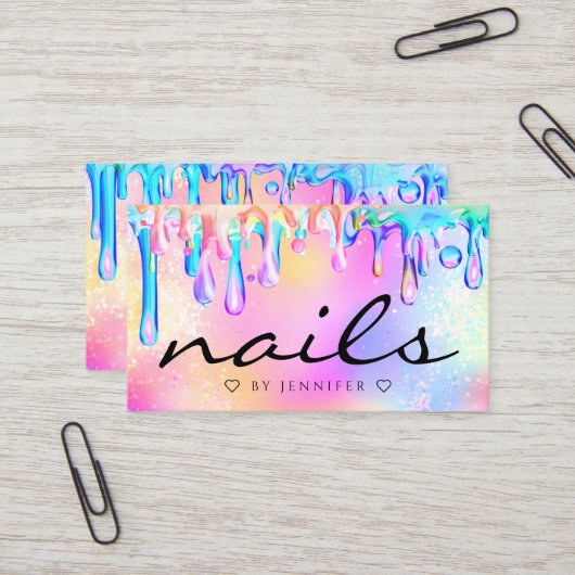 ホログラフィックグリッターポーランドドリップ爪、 ネイルトレンディー 名刺 (正面/裏面インサイチュ)
