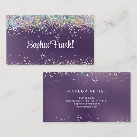 ホログラフィックグリッターメイクアップアーティストエレガントパープル 名刺 (正面/裏面)