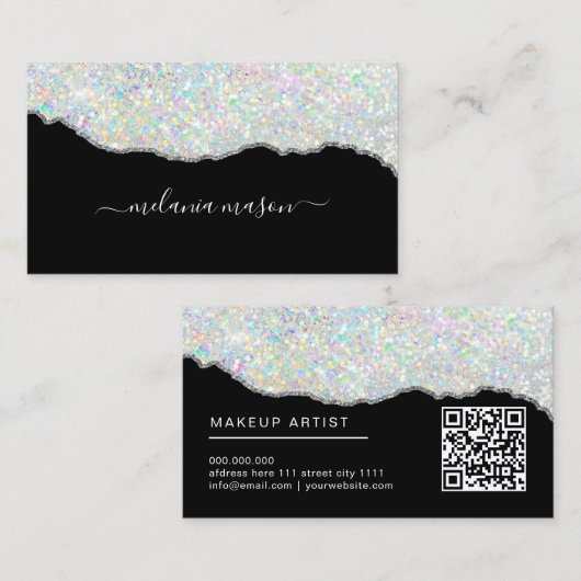 ホログラフィックグリッターメイクアップアーティストシルバーブラック 名刺 (正面/裏面)