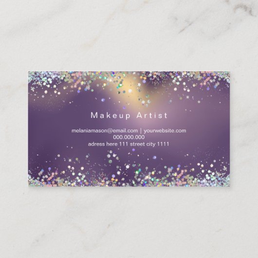 ホログラフィックグリッターメイクアップアーティストパープルエレガント 名刺 (裏面)
