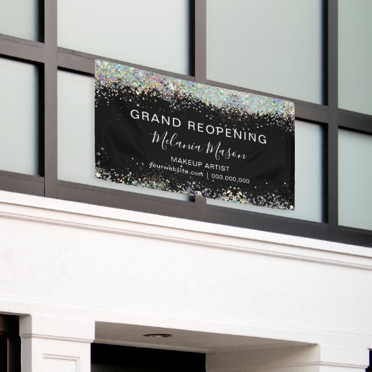 ホログラフィックグリッターメイクアップアーティストブラックエレガント 横断幕 (ビルの外側)