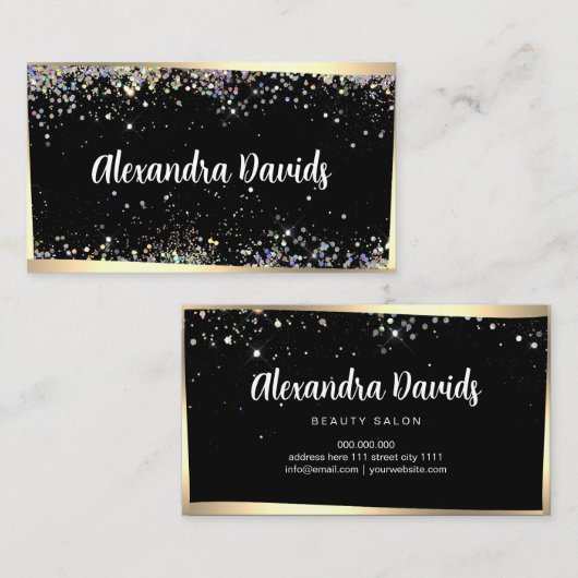ホログラフィックグリッターメイクアップアーティストブラック金ゴールドフレーム 名刺 (正面/裏面)