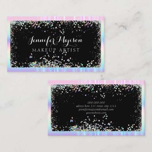 ホログラフィックグリッターモダン美しいサロンブラック 名刺 (正面/裏面)