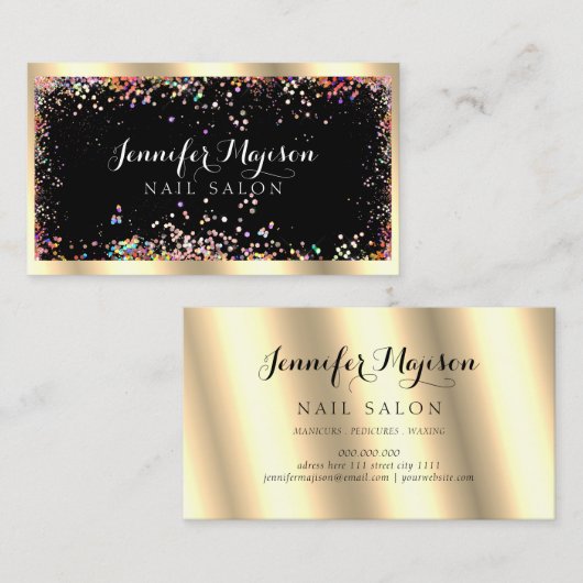 ホログラフィックグリッターモダン美しいサロン金ゴールドブラック 名刺 (正面/裏面)